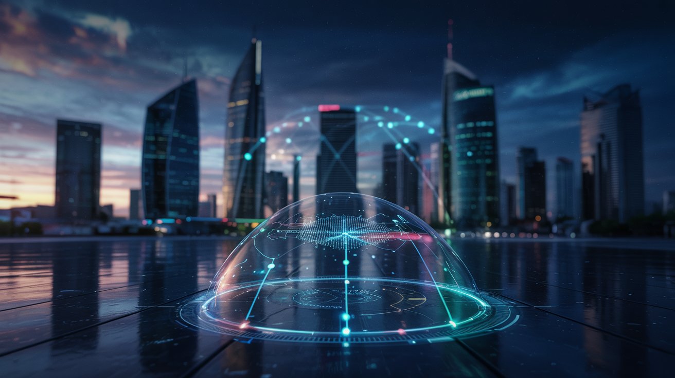 Futuristic AI agents cityscape